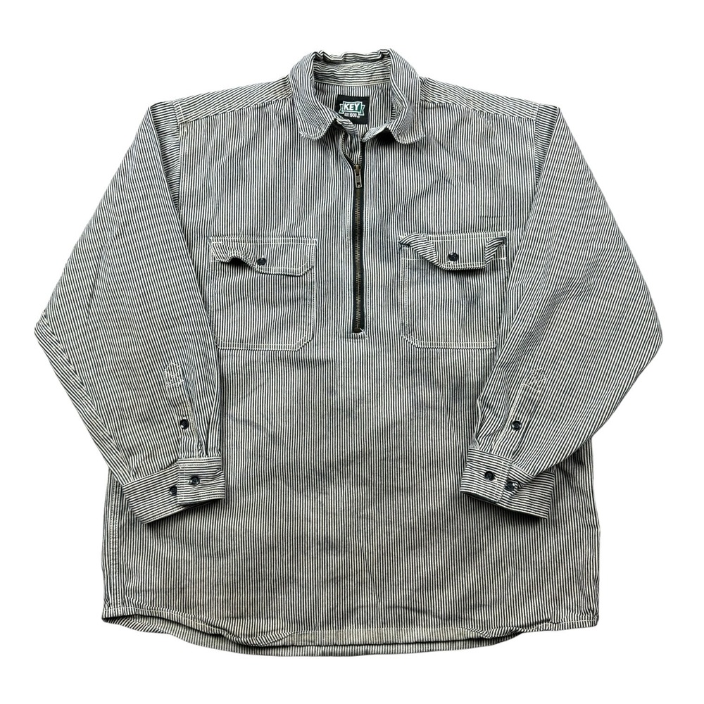 Key Hickory Shirt Men Large Striped 1/2 Zip Pullover Workwear Chest Pockets